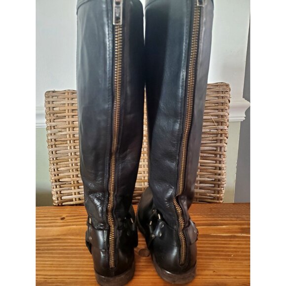 Vintage Frye Black Leather Knee-High Boots With Buckle & Zipper Detail Size 8 - Picture 6 of 10